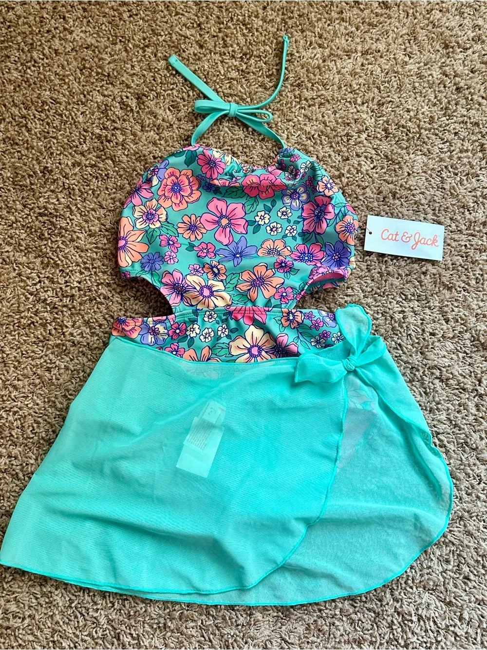 NWT ✨Cat & Jack Turquoise Floral Halter Swimsuit with skirt